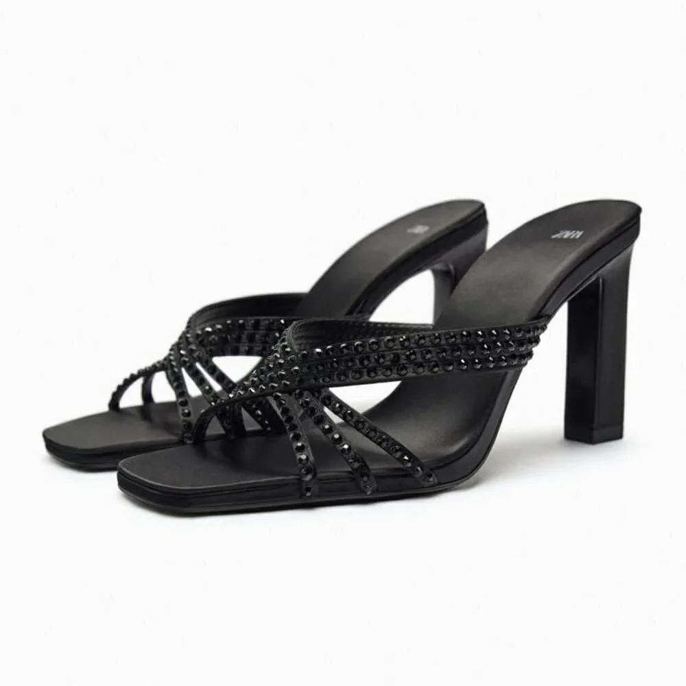 ZARA SATIN EFFECT RHINESTONE HEELED SANDALS BLACK SIZE 9 | 1815/110/800